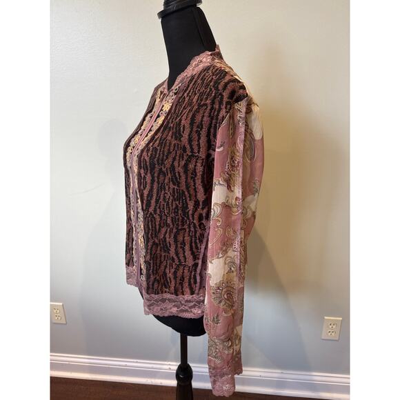 Jaipur 90's Y2K Pink Lace Floral Zip Long Sleeve Top Fairy Sequin Metallic XL - Picture 3 of 10